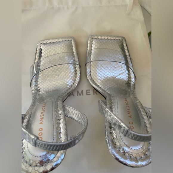 👠 New Good American Open Square Toe Heels Silver Snake Size 4 - Picture 4 of 8